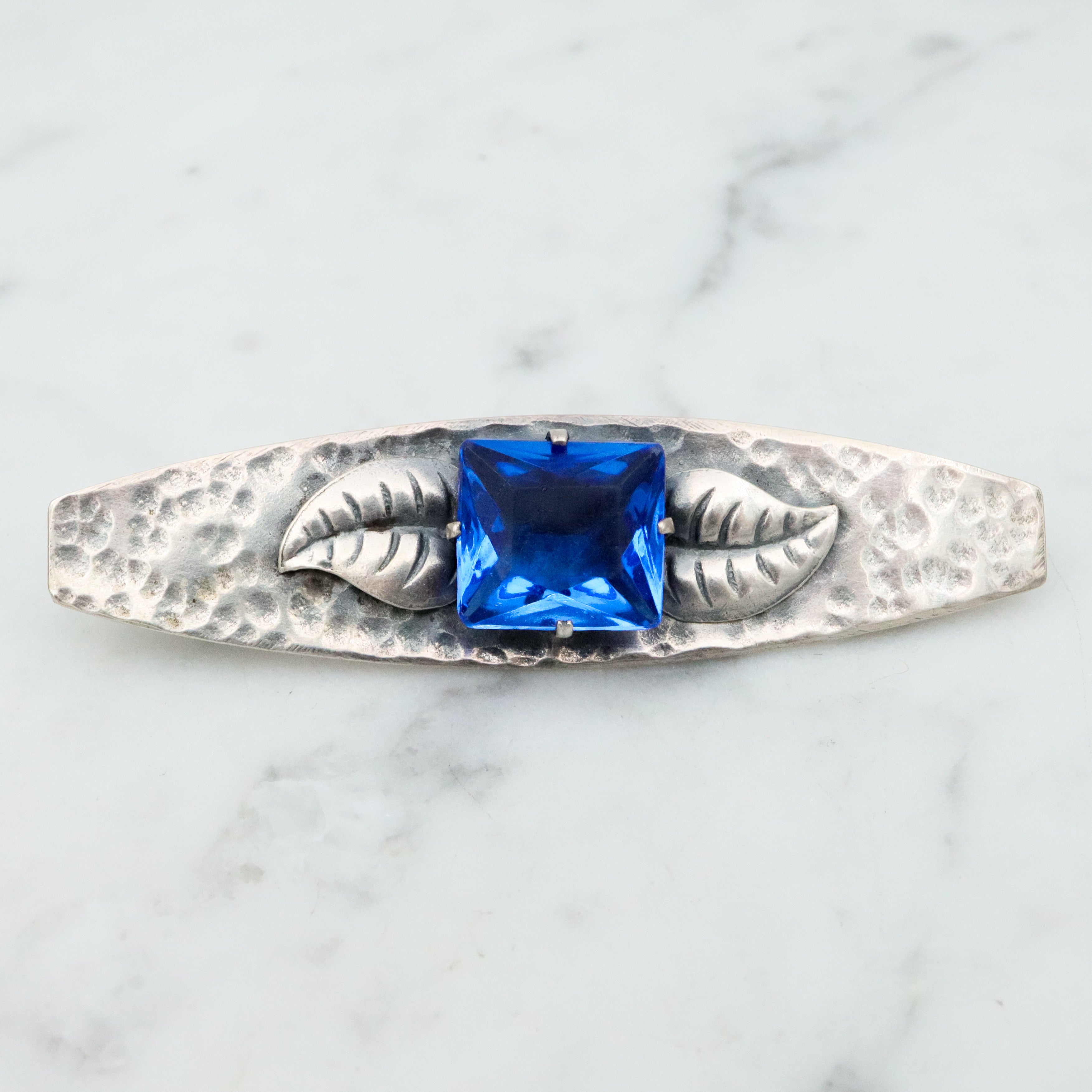 Antique Arts & Crafts hammered sterling bar pin w/blue paste gem